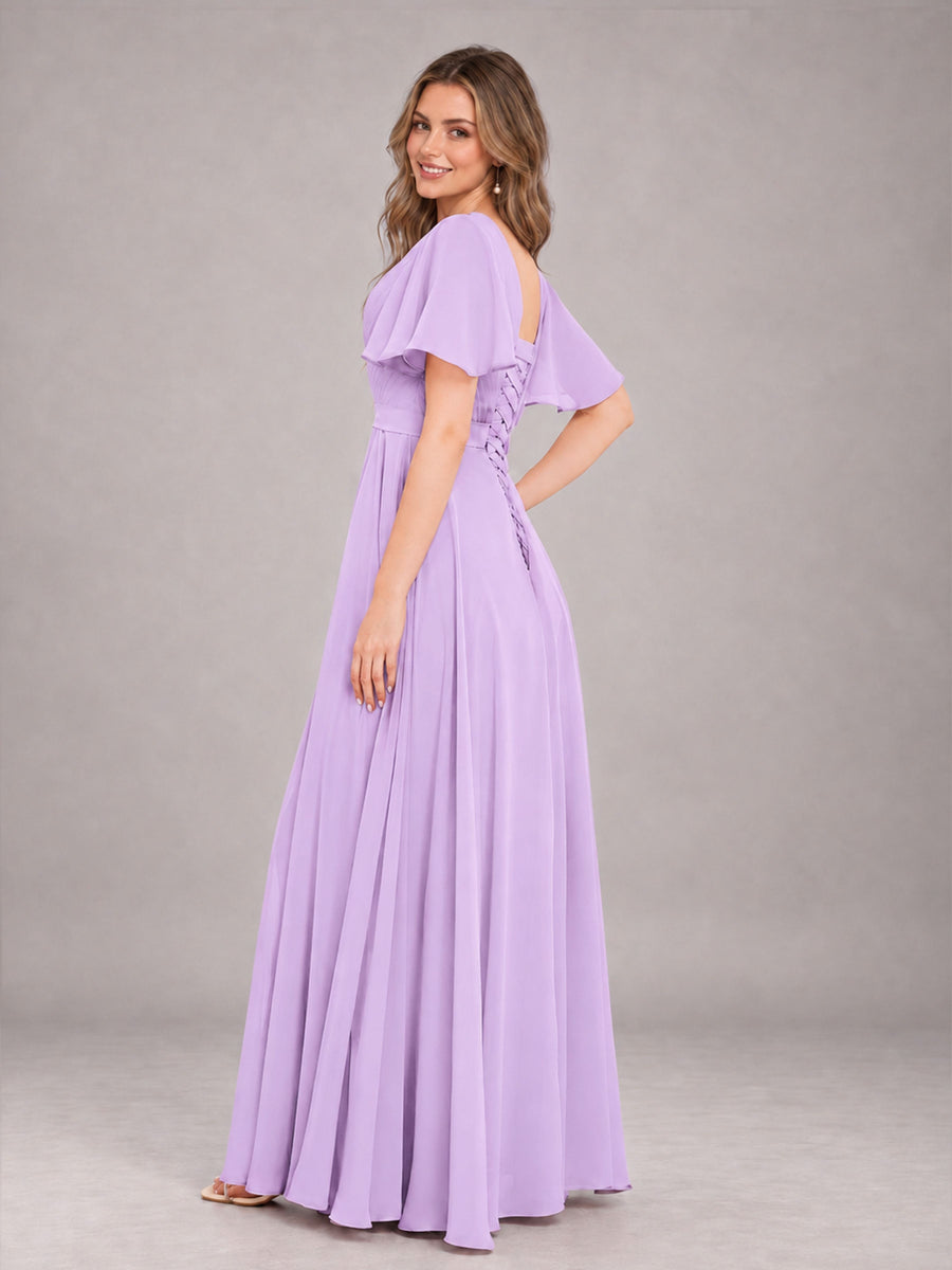 Lilac Trendy V-Neck Short Sleeves Chiffon Bridesmaid Dress With Pockets