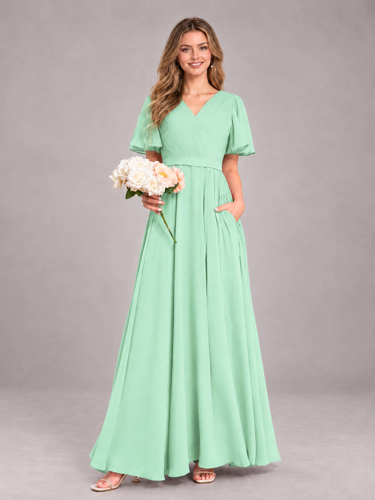 Mint Green Trendy V-Neck Short Sleeves Chiffon Bridesmaid Dress With Pockets
