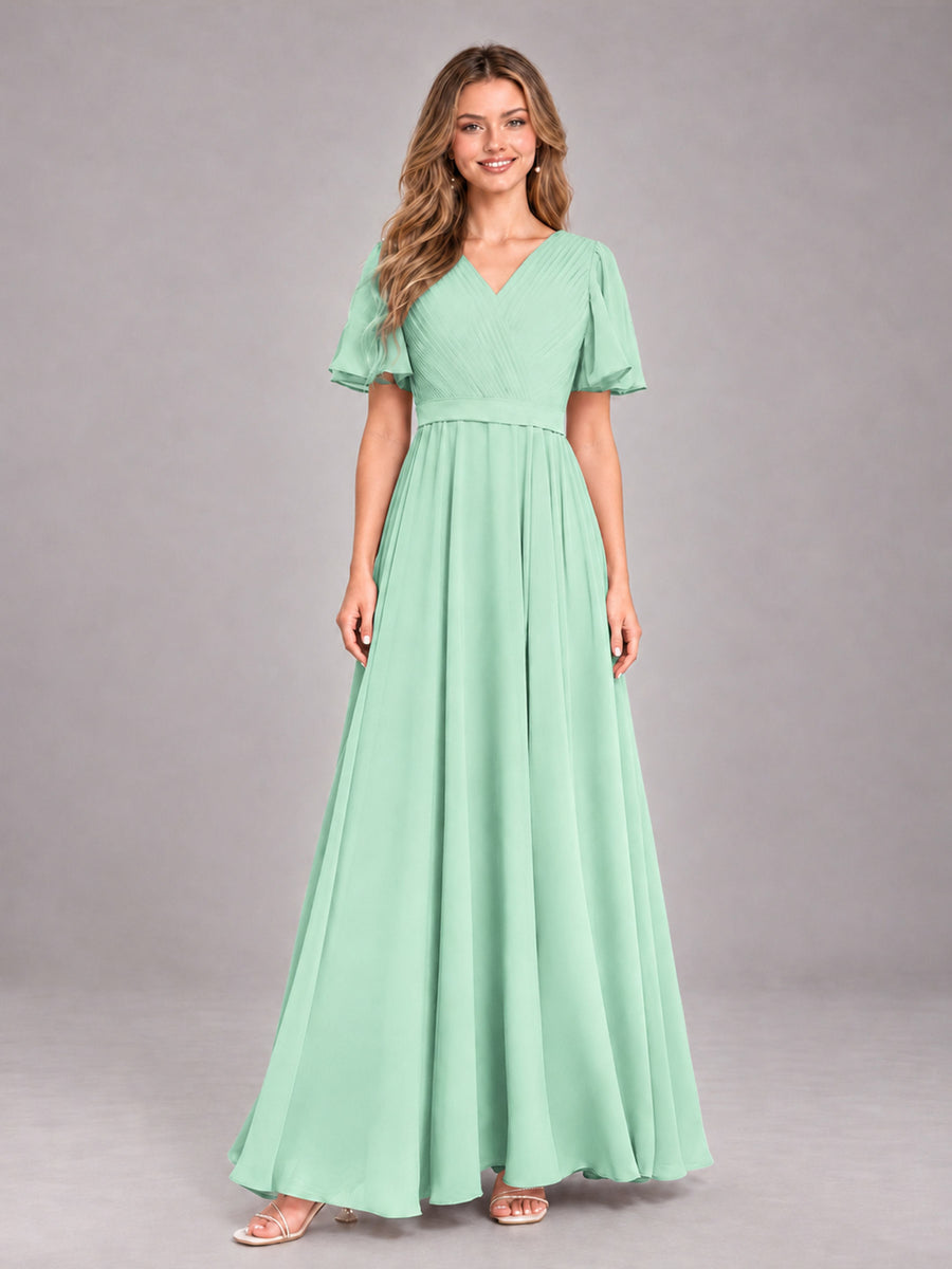 Mint Green Trendy V-Neck Short Sleeves Chiffon Bridesmaid Dress With Pockets