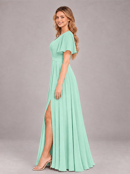 Mint Green Trendy V-Neck Short Sleeves Chiffon Bridesmaid Dress With Pockets
