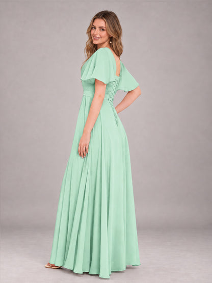 Mint Green Trendy V-Neck Short Sleeves Chiffon Bridesmaid Dress With Pockets