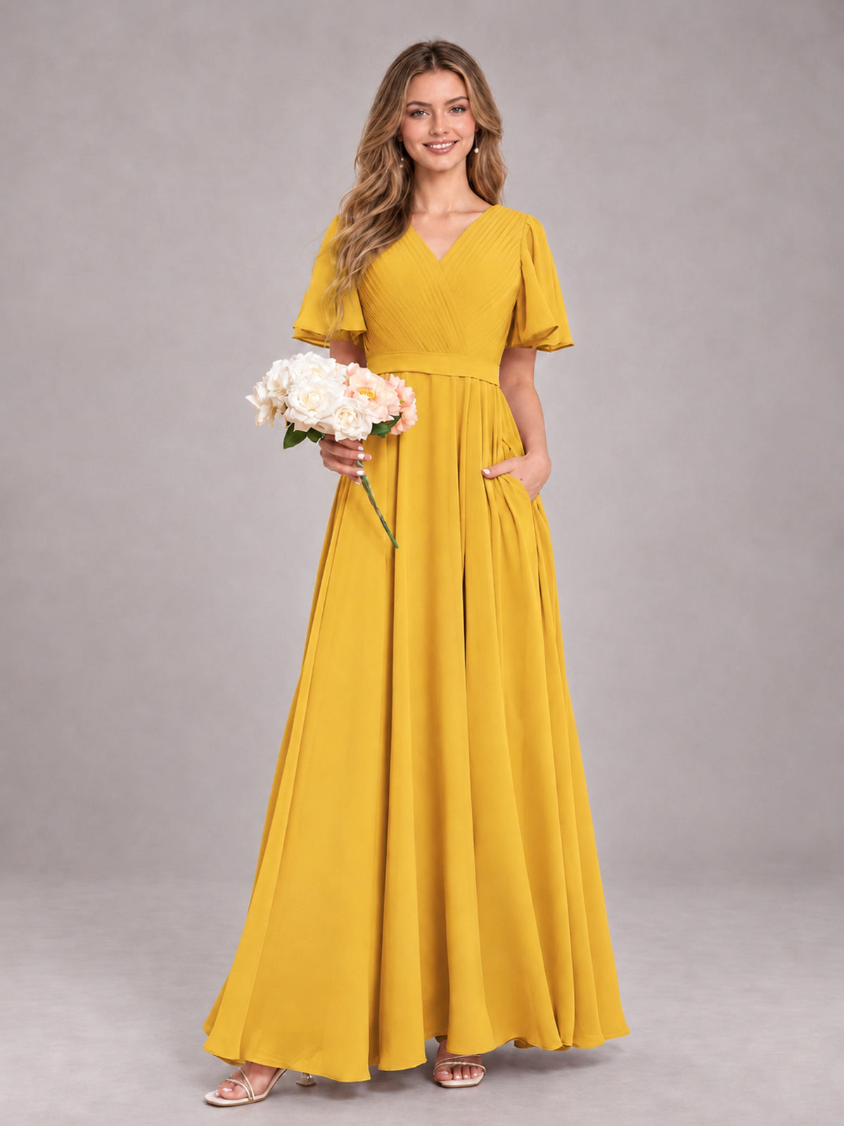Mustard Yellow Trendy V-Neck Short Sleeves Chiffon Bridesmaid Dress With Pockets