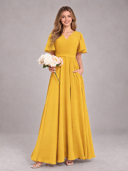 Mustard Yellow Trendy V-Neck Short Sleeves Chiffon Bridesmaid Dress With Pockets