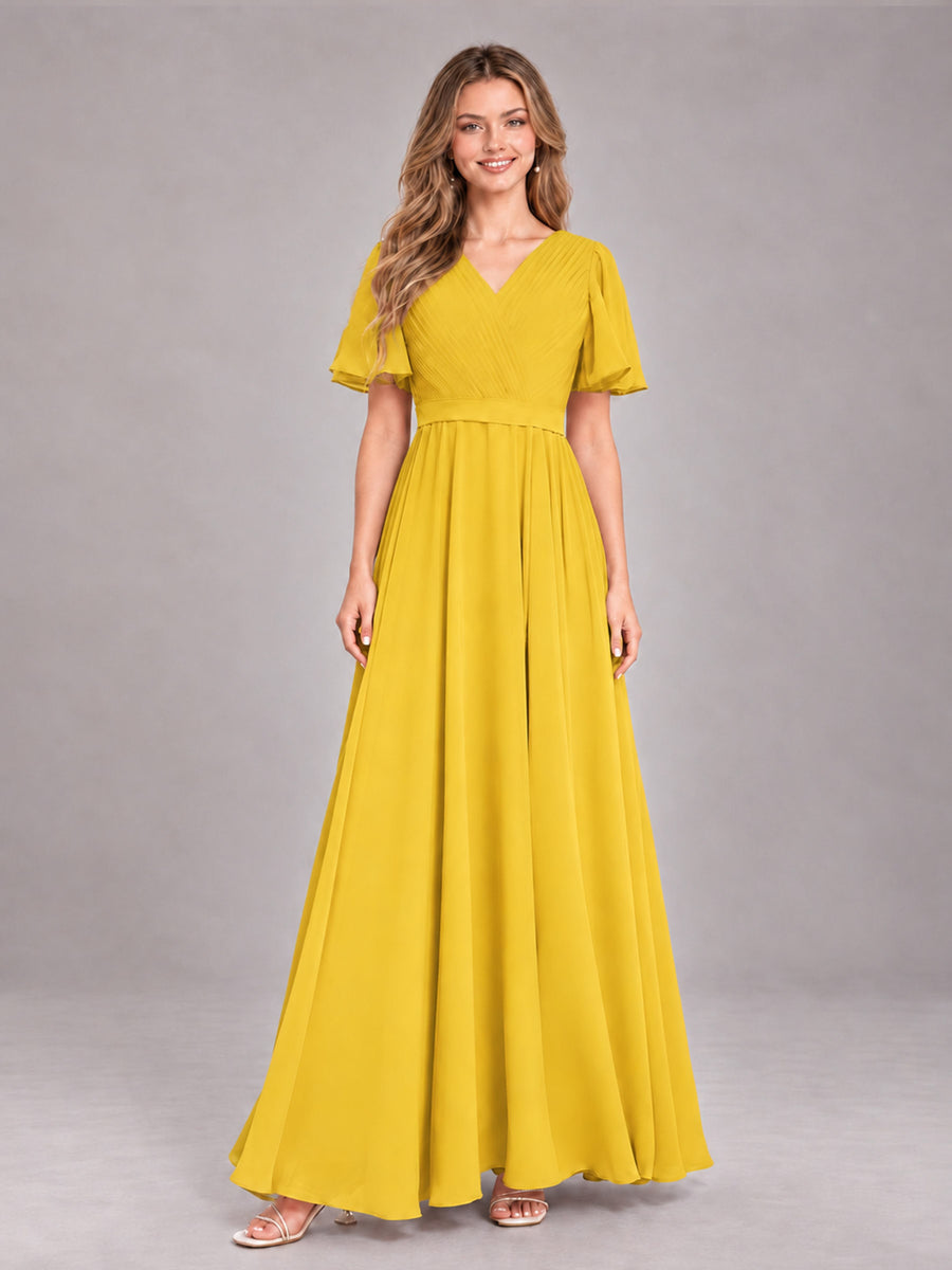 Mustard Yellow Trendy V-Neck Short Sleeves Chiffon Bridesmaid Dress With Pockets