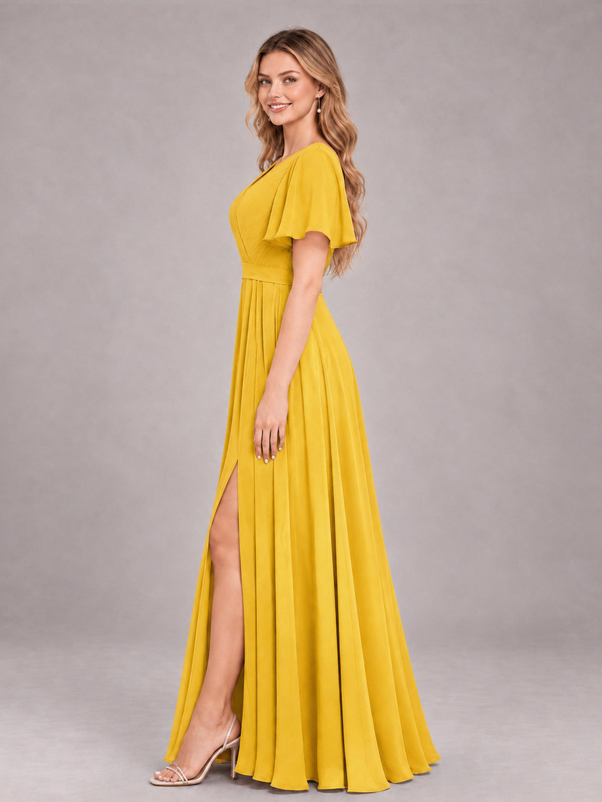 Mustard Yellow Trendy V-Neck Short Sleeves Chiffon Bridesmaid Dress With Pockets
