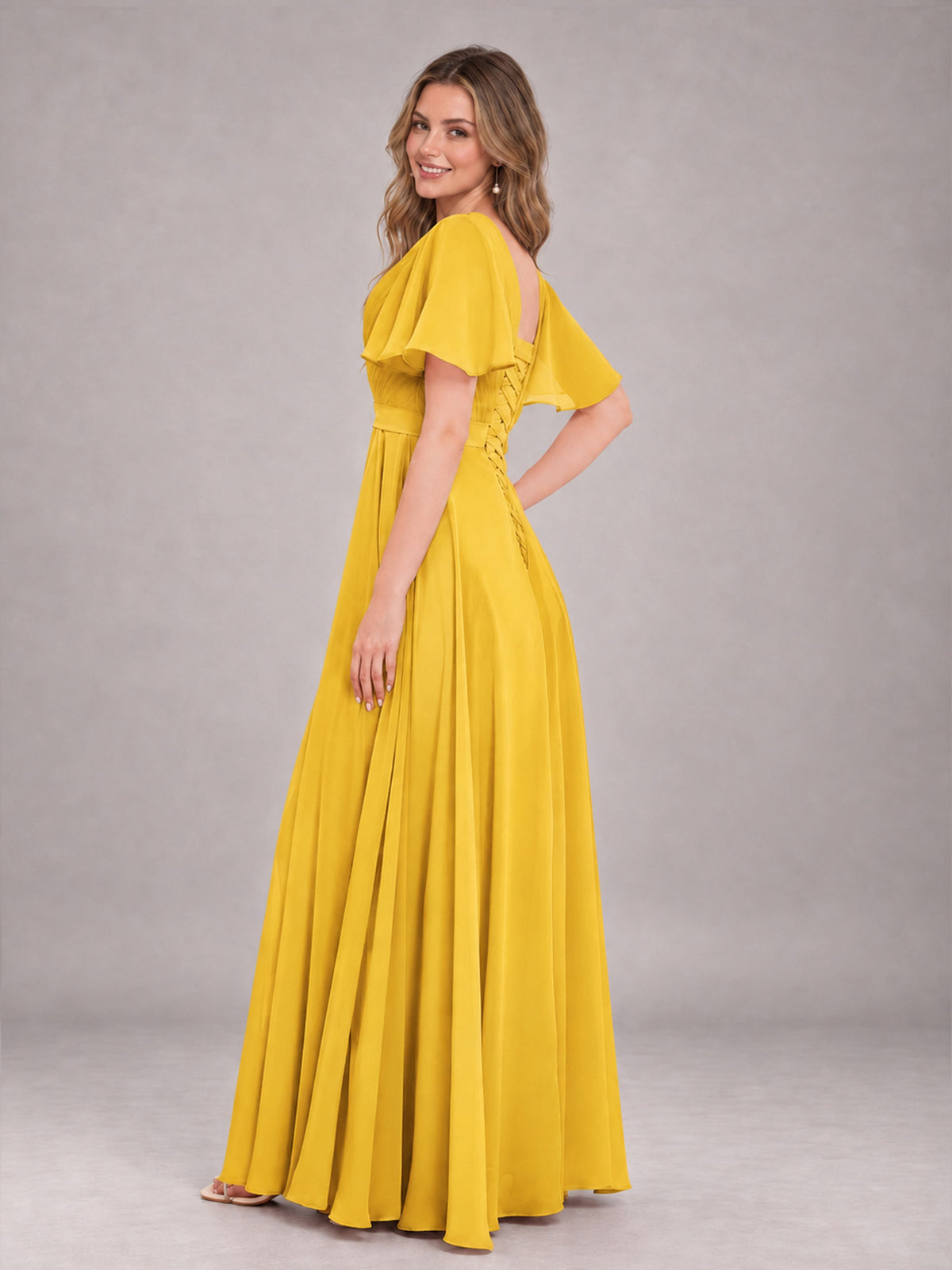 Mustard Yellow Trendy V-Neck Short Sleeves Chiffon Bridesmaid Dress With Pockets