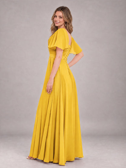 Mustard Yellow Trendy V-Neck Short Sleeves Chiffon Bridesmaid Dress With Pockets