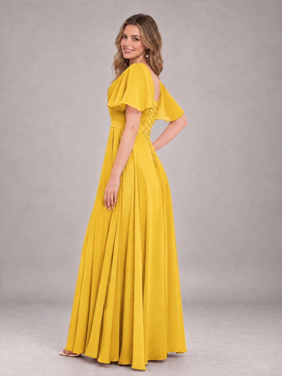 Mustard Yellow Trendy V-Neck Short Sleeves Chiffon Bridesmaid Dress With Pockets