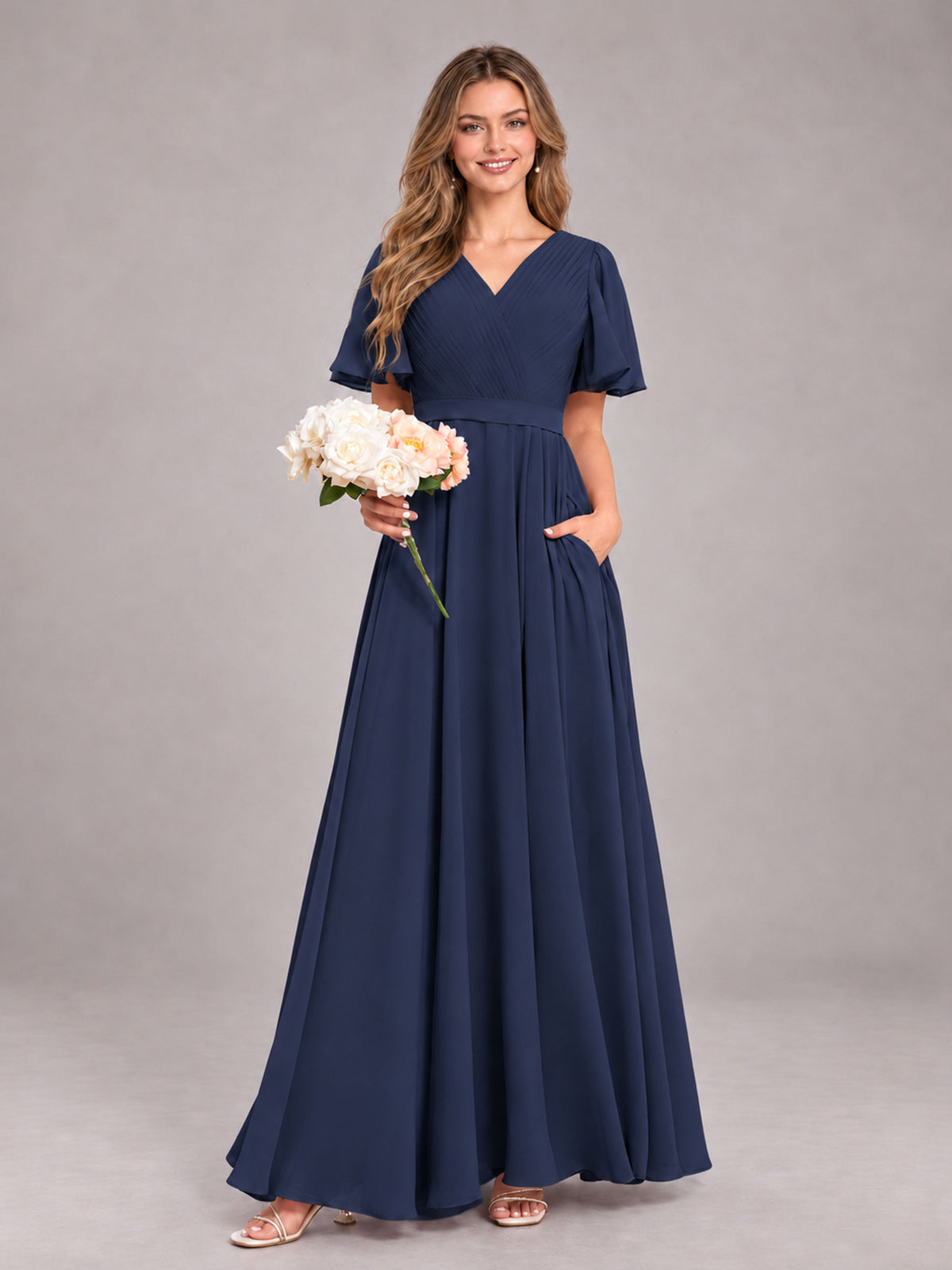 Navy Blue Trendy V-Neck Short Sleeves Chiffon Bridesmaid Dress With Pockets