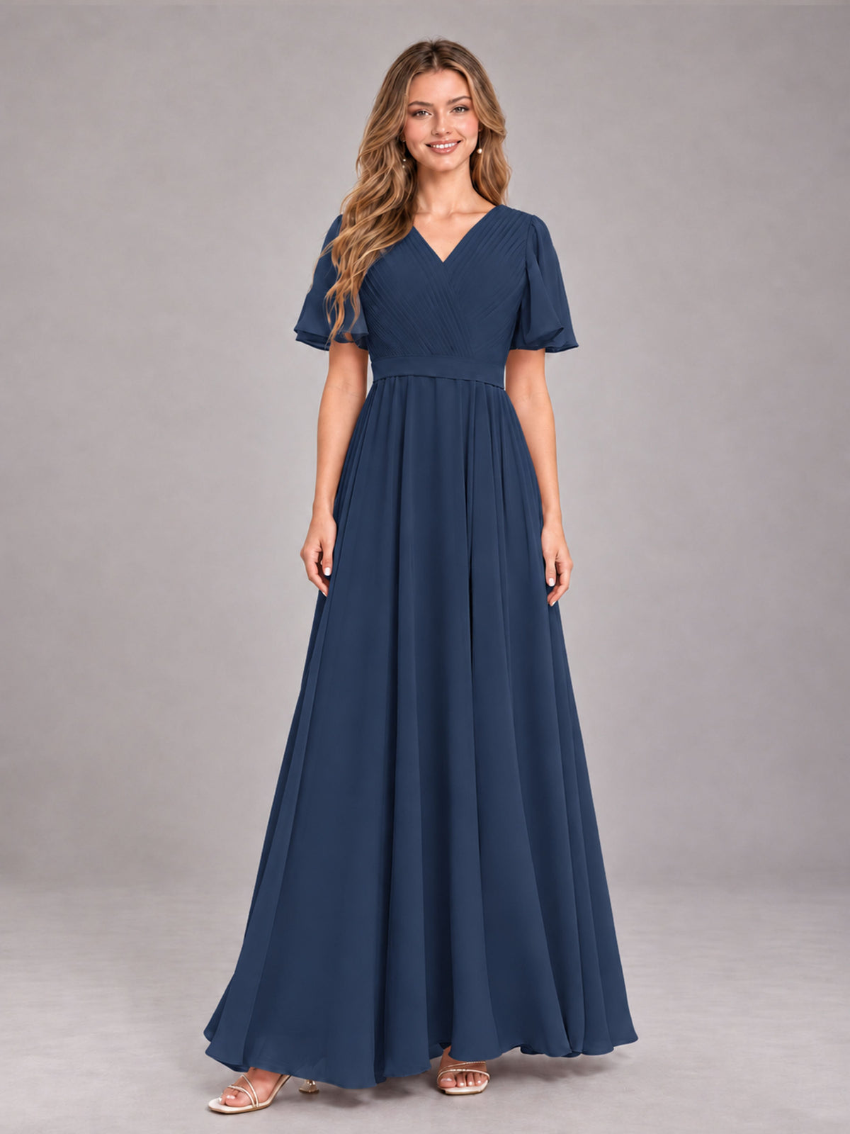 Navy Blue Trendy V-Neck Short Sleeves Chiffon Bridesmaid Dress With Pockets