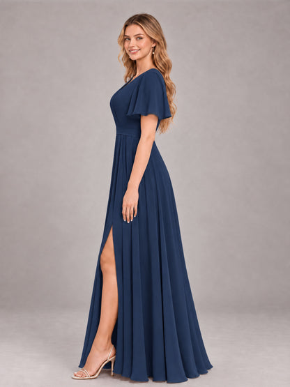 Navy Blue Trendy V-Neck Short Sleeves Chiffon Bridesmaid Dress With Pockets