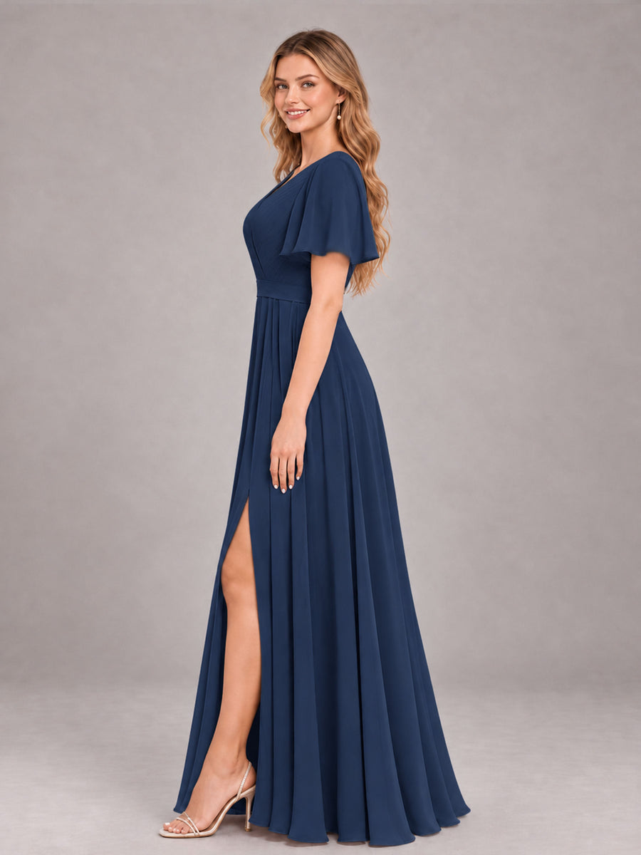 Navy Blue Trendy V-Neck Short Sleeves Chiffon Bridesmaid Dress With Pockets