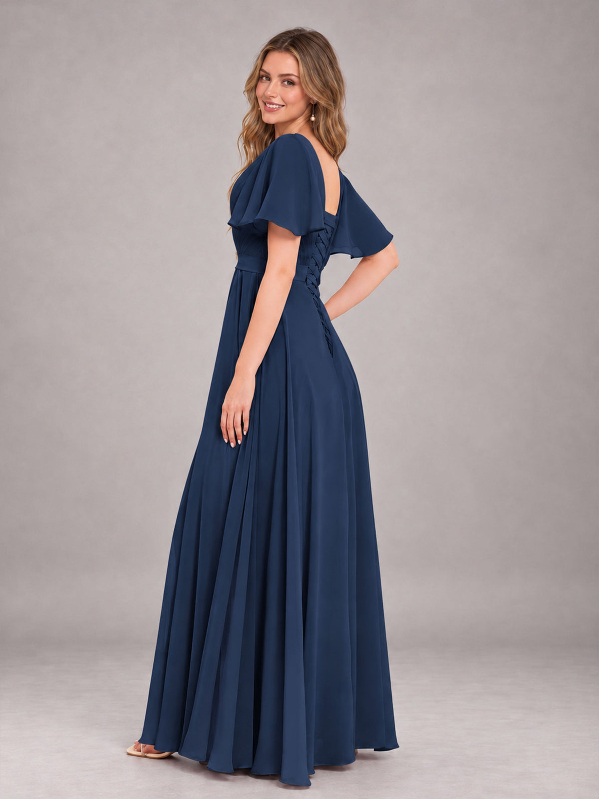 Navy Blue Trendy V-Neck Short Sleeves Chiffon Bridesmaid Dress With Pockets