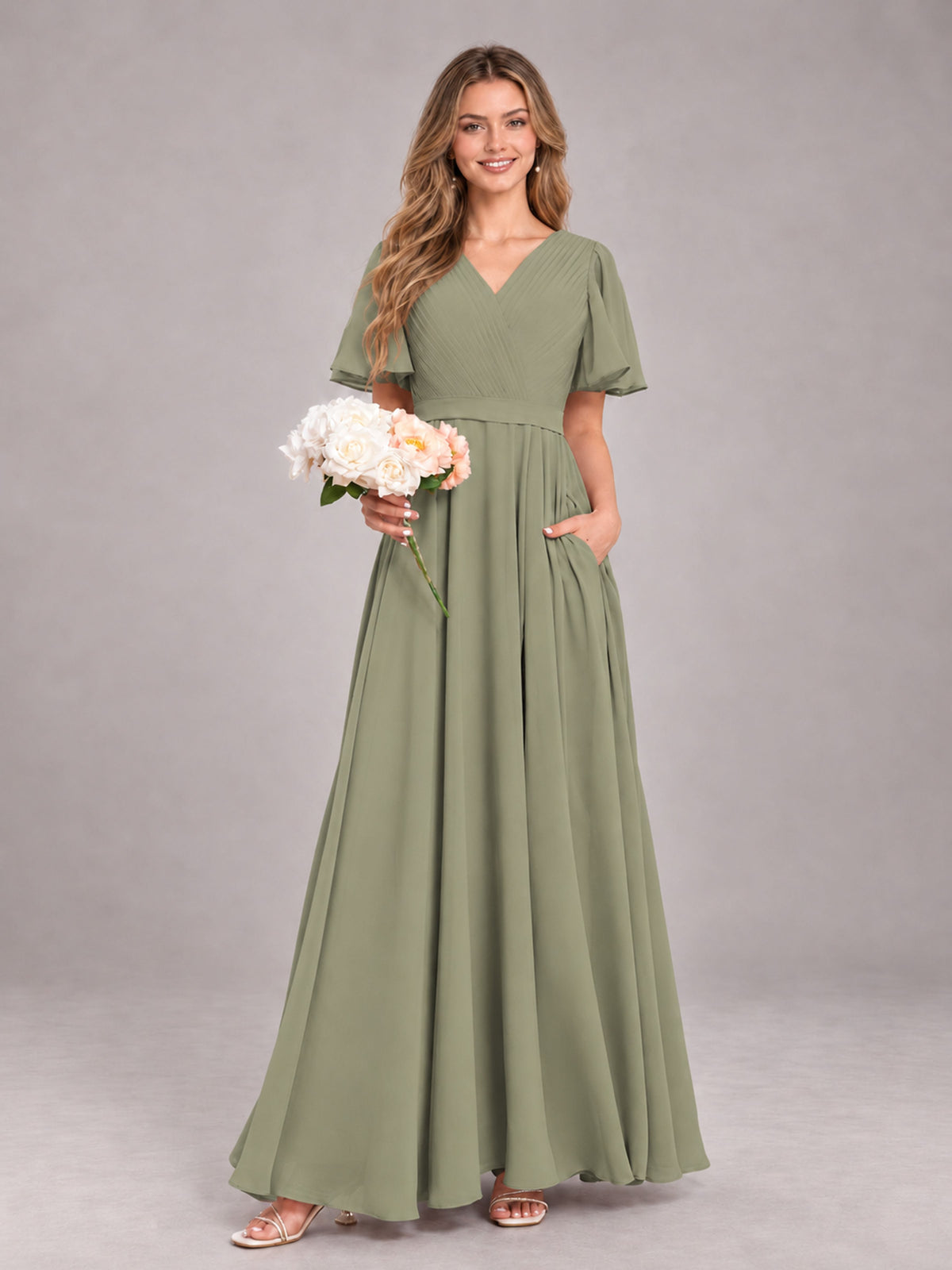 Olive Green Trendy V-Neck Short Sleeves Chiffon Bridesmaid Dress With Pockets
