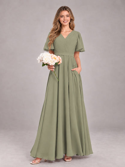 Olive Green Trendy V-Neck Short Sleeves Chiffon Bridesmaid Dress With Pockets