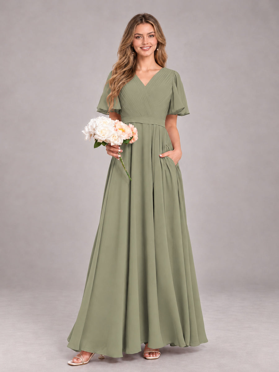 Olive Green Trendy V-Neck Short Sleeves Chiffon Bridesmaid Dress With Pockets