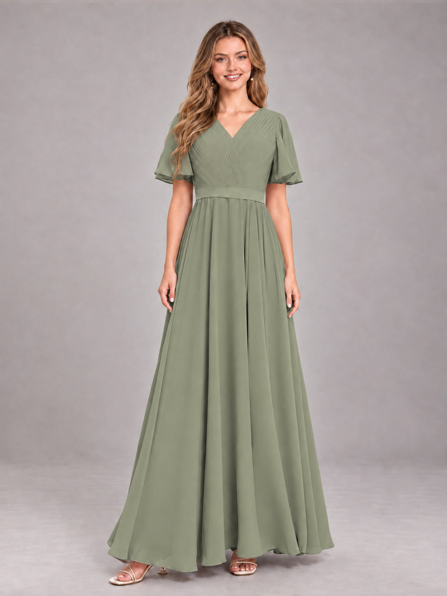 Olive Green Trendy V-Neck Short Sleeves Chiffon Bridesmaid Dress With Pockets