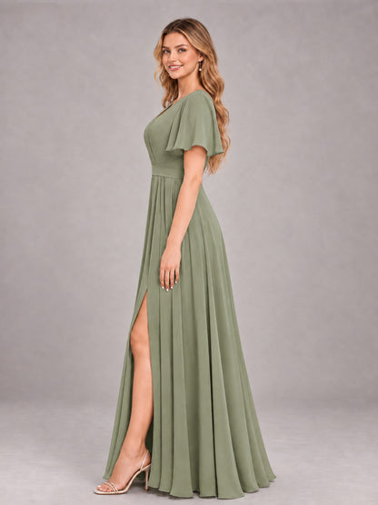 Olive Green Trendy V-Neck Short Sleeves Chiffon Bridesmaid Dress With Pockets