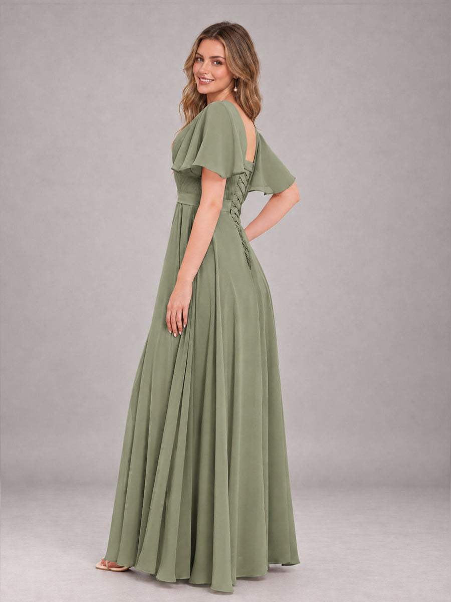 Olive Green Trendy V-Neck Short Sleeves Chiffon Bridesmaid Dress With Pockets