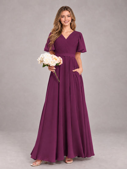 Plum Trendy V-Neck Short Sleeves Chiffon Bridesmaid Dress With Pockets