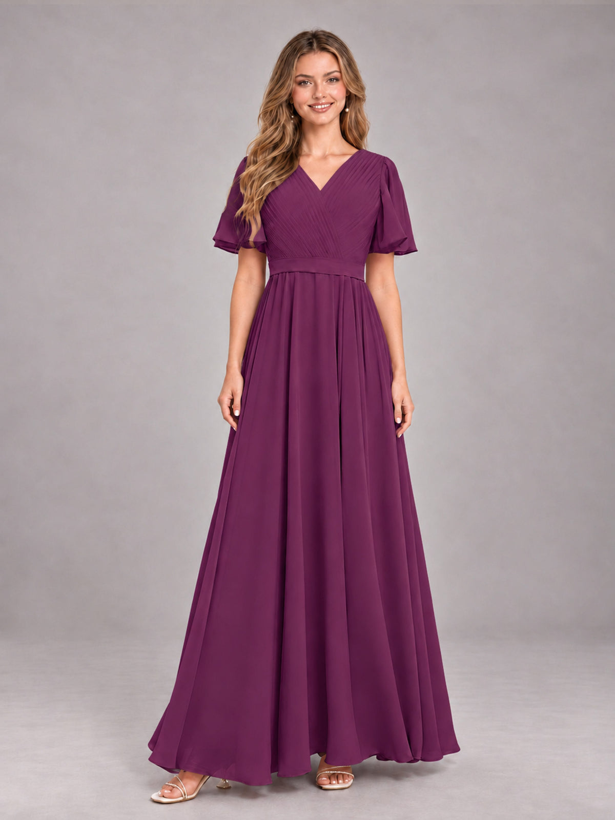 Plum Trendy V-Neck Short Sleeves Chiffon Bridesmaid Dress With Pockets