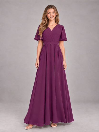 Plum Trendy V-Neck Short Sleeves Chiffon Bridesmaid Dress With Pockets