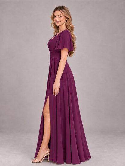 Plum Trendy V-Neck Short Sleeves Chiffon Bridesmaid Dress With Pockets