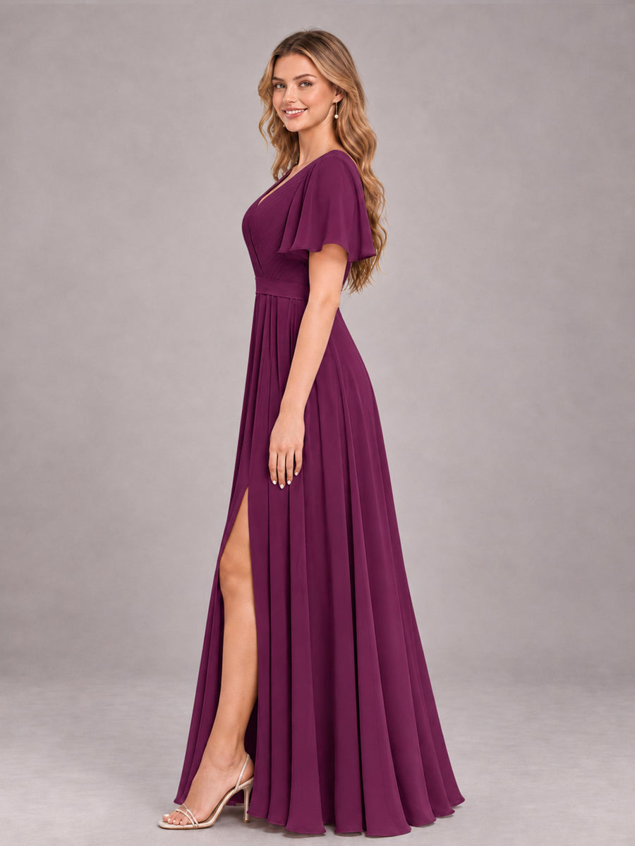 Plum Trendy V-Neck Short Sleeves Chiffon Bridesmaid Dress With Pockets
