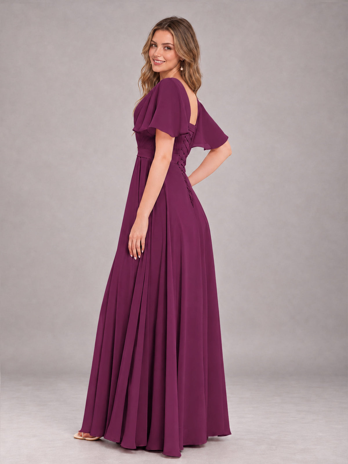 Plum Trendy V-Neck Short Sleeves Chiffon Bridesmaid Dress With Pockets