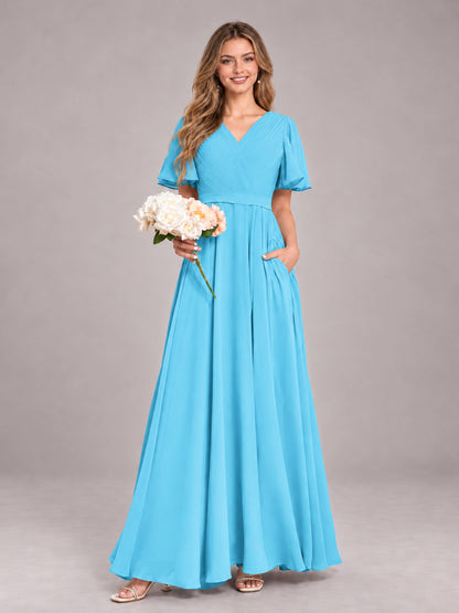 Pool Trendy V-Neck Short Sleeves Chiffon Bridesmaid Dress With Pockets