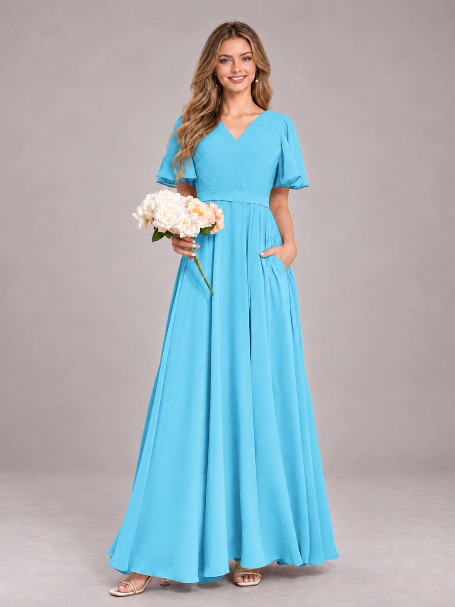 Pool Trendy V-Neck Short Sleeves Chiffon Bridesmaid Dress With Pockets