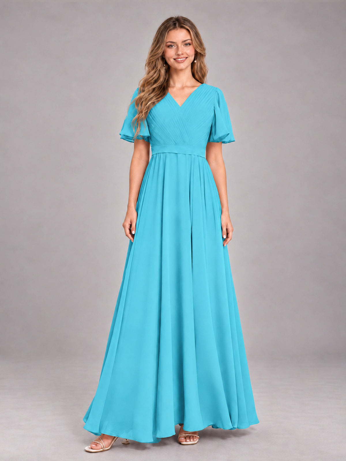 Pool Trendy V-Neck Short Sleeves Chiffon Bridesmaid Dress With Pockets