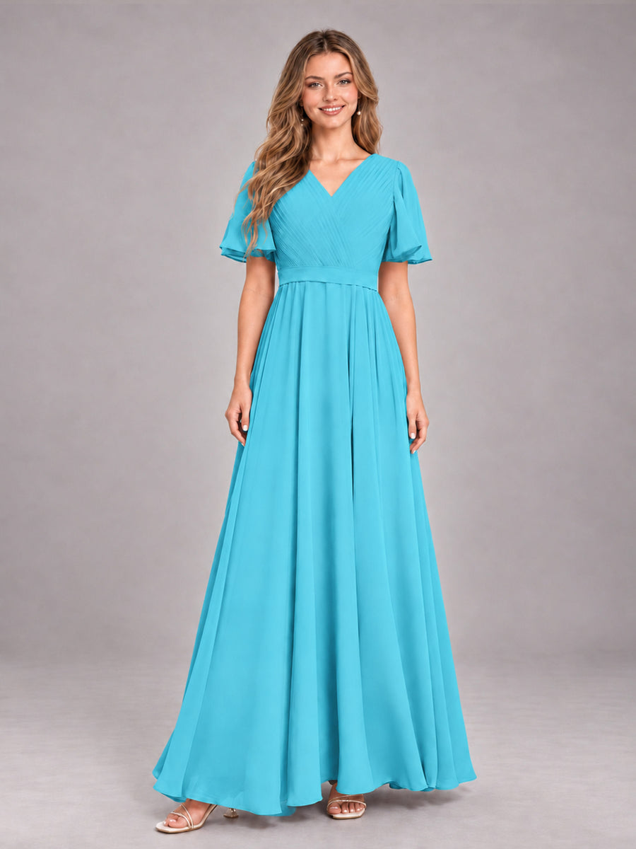 Pool Trendy V-Neck Short Sleeves Chiffon Bridesmaid Dress With Pockets