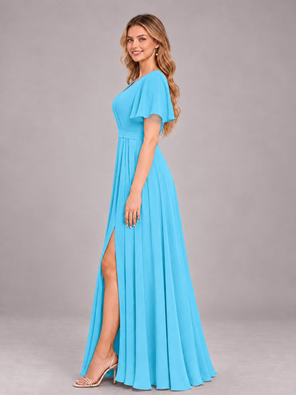 Pool Trendy V-Neck Short Sleeves Chiffon Bridesmaid Dress With Pockets