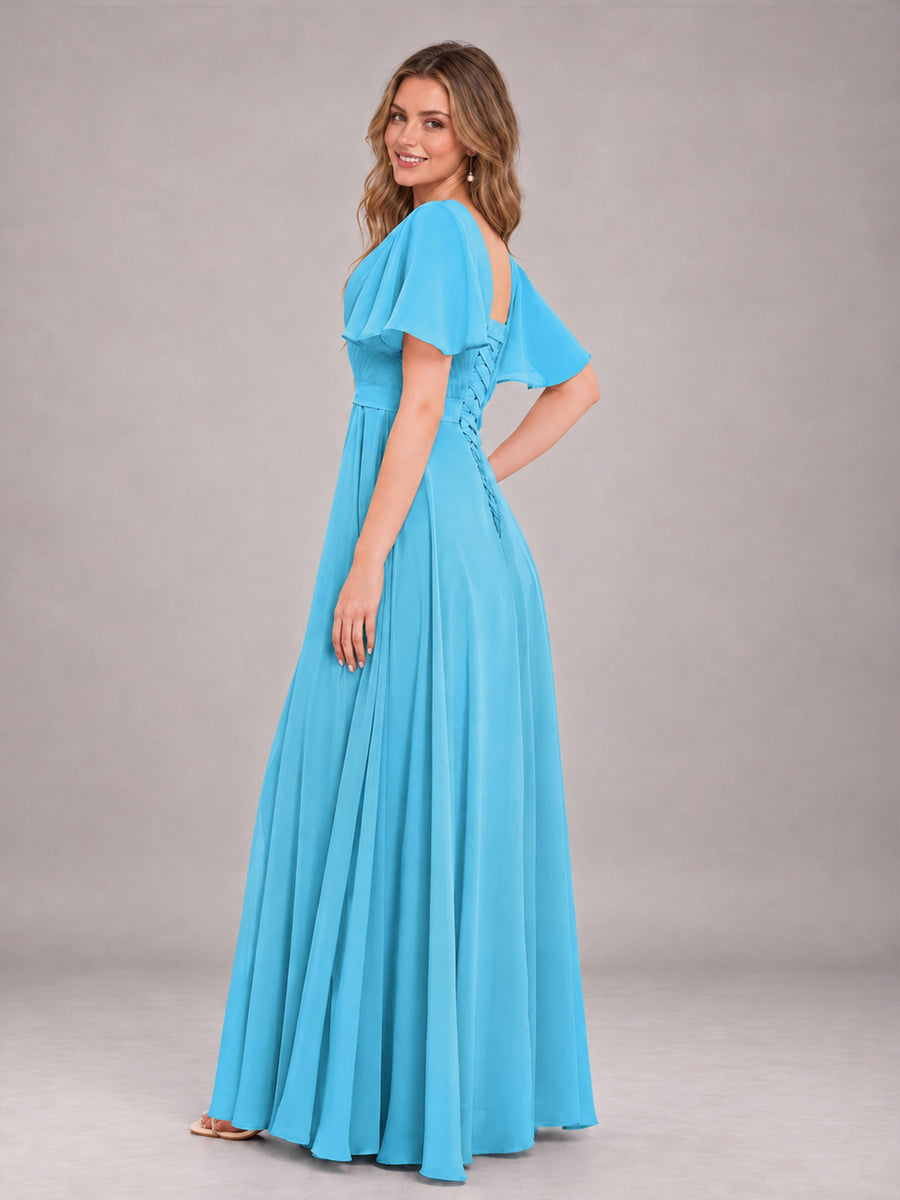Pool Trendy V-Neck Short Sleeves Chiffon Bridesmaid Dress With Pockets