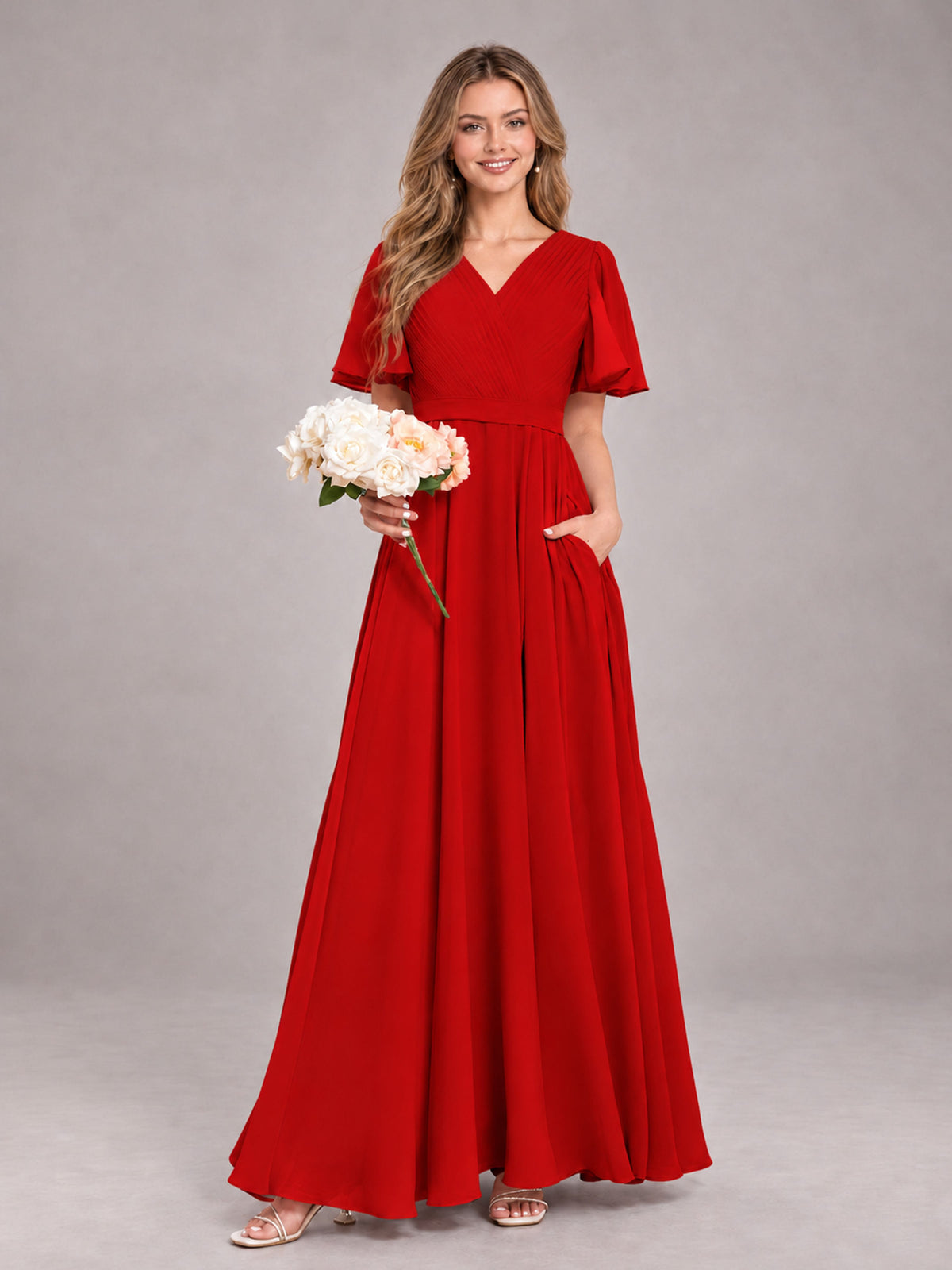 Red Trendy V-Neck Short Sleeves Chiffon Bridesmaid Dress With Pockets