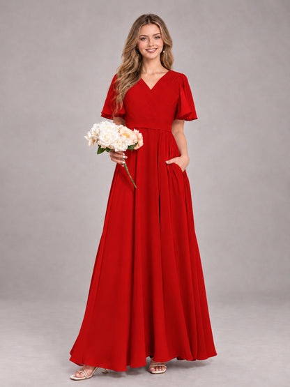 Red Trendy V-Neck Short Sleeves Chiffon Bridesmaid Dress With Pockets