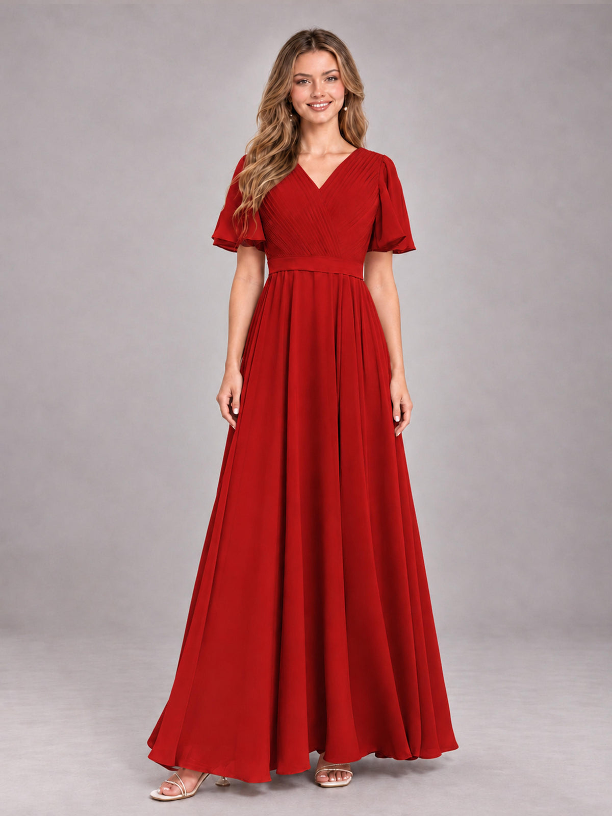 Red Trendy V-Neck Short Sleeves Chiffon Bridesmaid Dress With Pockets