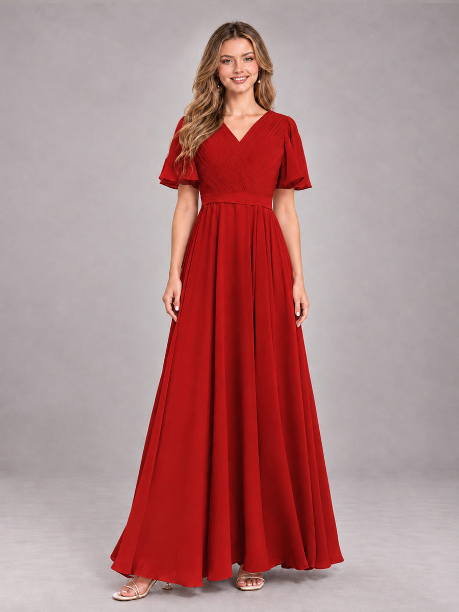 Red Trendy V-Neck Short Sleeves Chiffon Bridesmaid Dress With Pockets