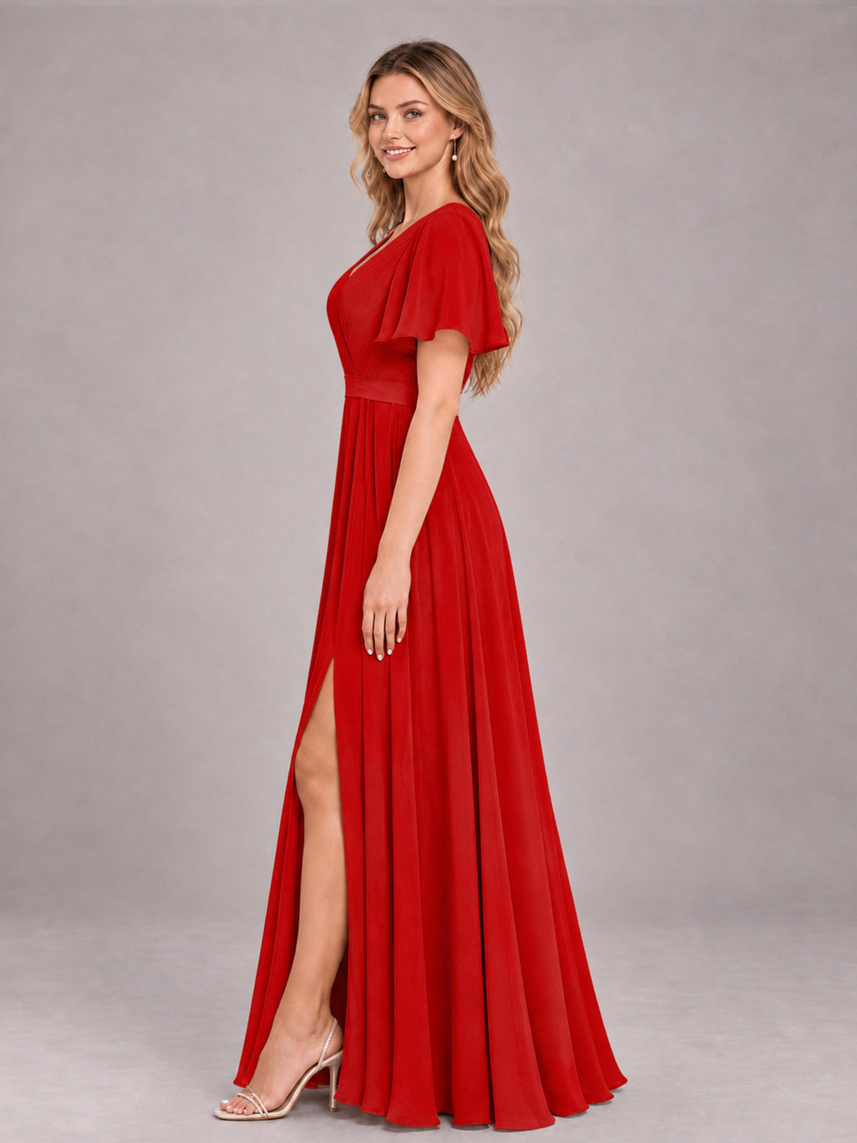 Red Trendy V-Neck Short Sleeves Chiffon Bridesmaid Dress With Pockets