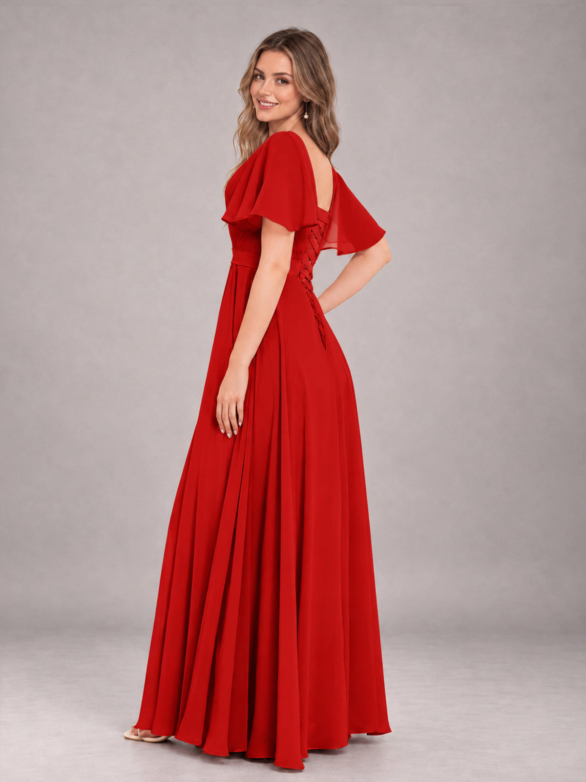 Red Trendy V-Neck Short Sleeves Chiffon Bridesmaid Dress With Pockets
