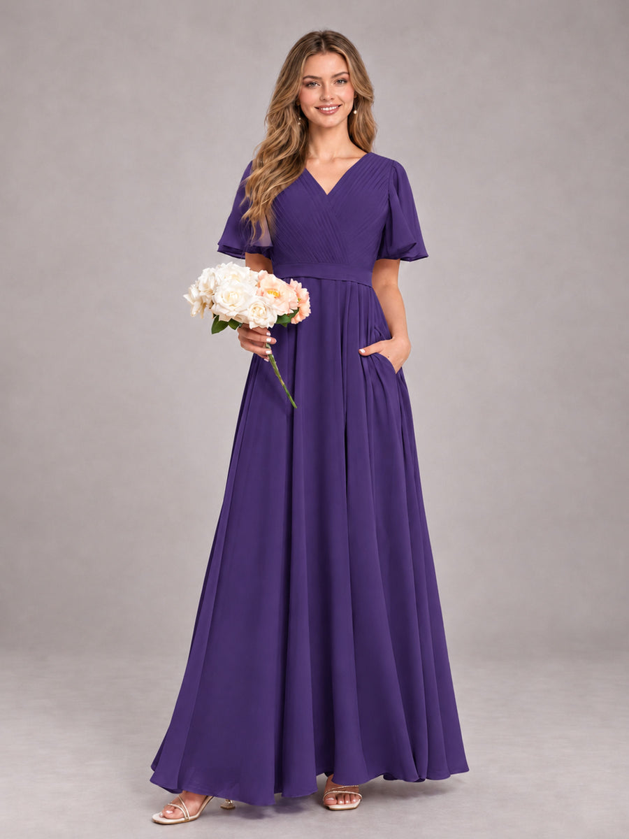 Regency Trendy V-Neck Short Sleeves Chiffon Bridesmaid Dress With Pockets
