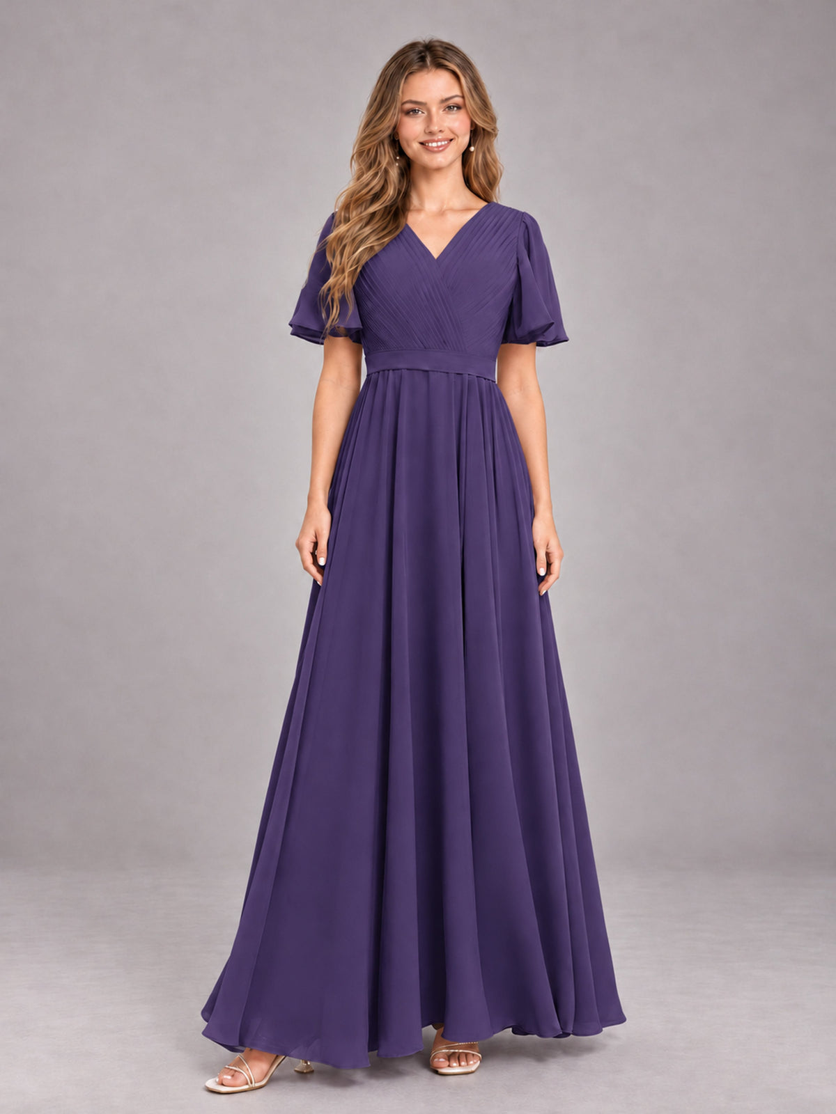 Regency Trendy V-Neck Short Sleeves Chiffon Bridesmaid Dress With Pockets
