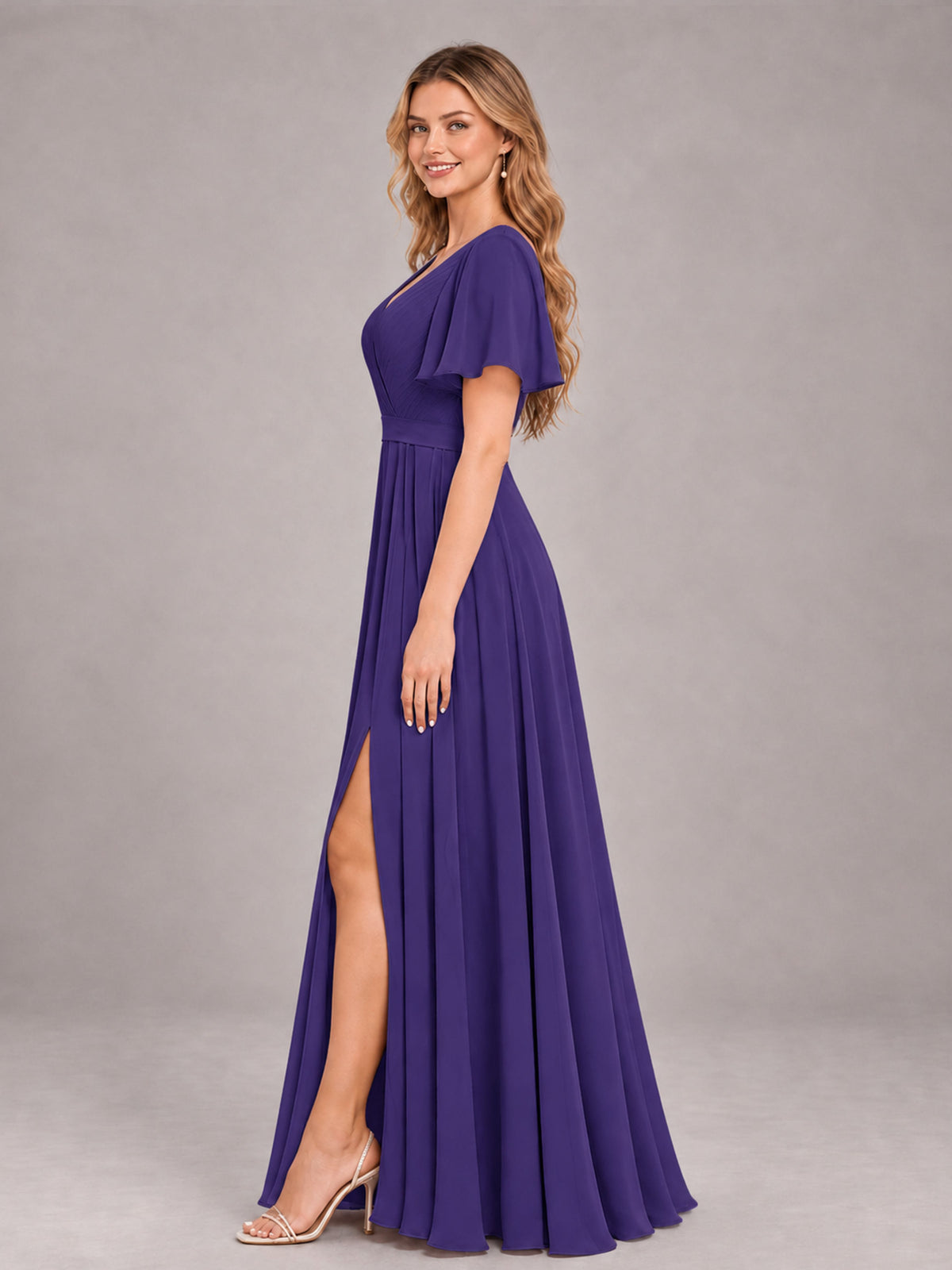 Regency Trendy V-Neck Short Sleeves Chiffon Bridesmaid Dress With Pockets