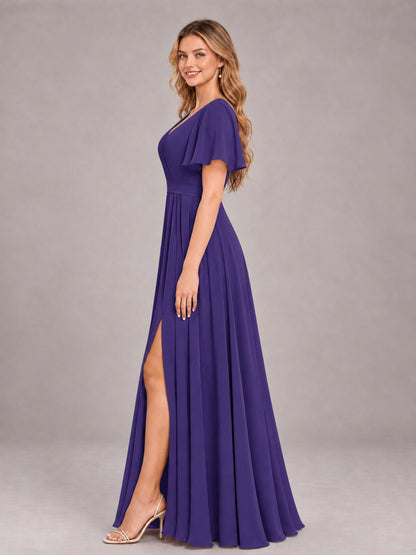 Regency Trendy V-Neck Short Sleeves Chiffon Bridesmaid Dress With Pockets