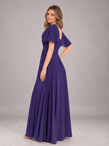 Regency Trendy V-Neck Short Sleeves Chiffon Bridesmaid Dress With Pockets