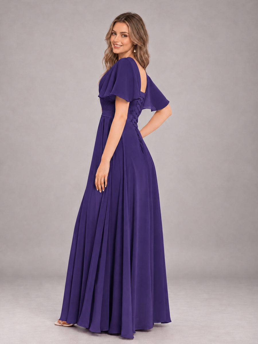 Regency Trendy V-Neck Short Sleeves Chiffon Bridesmaid Dress With Pockets