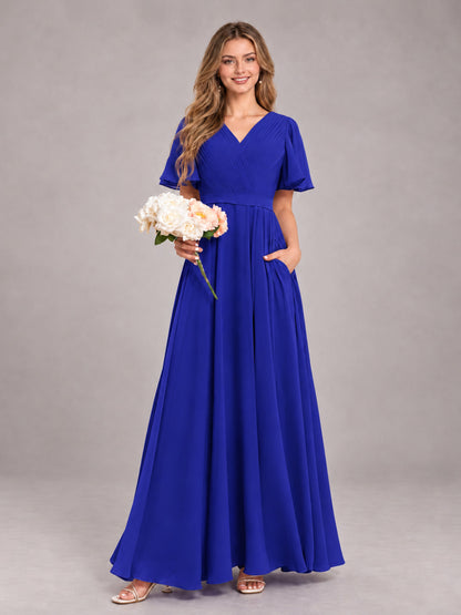Royal Blue Trendy V-Neck Short Sleeves Chiffon Bridesmaid Dress With Pockets