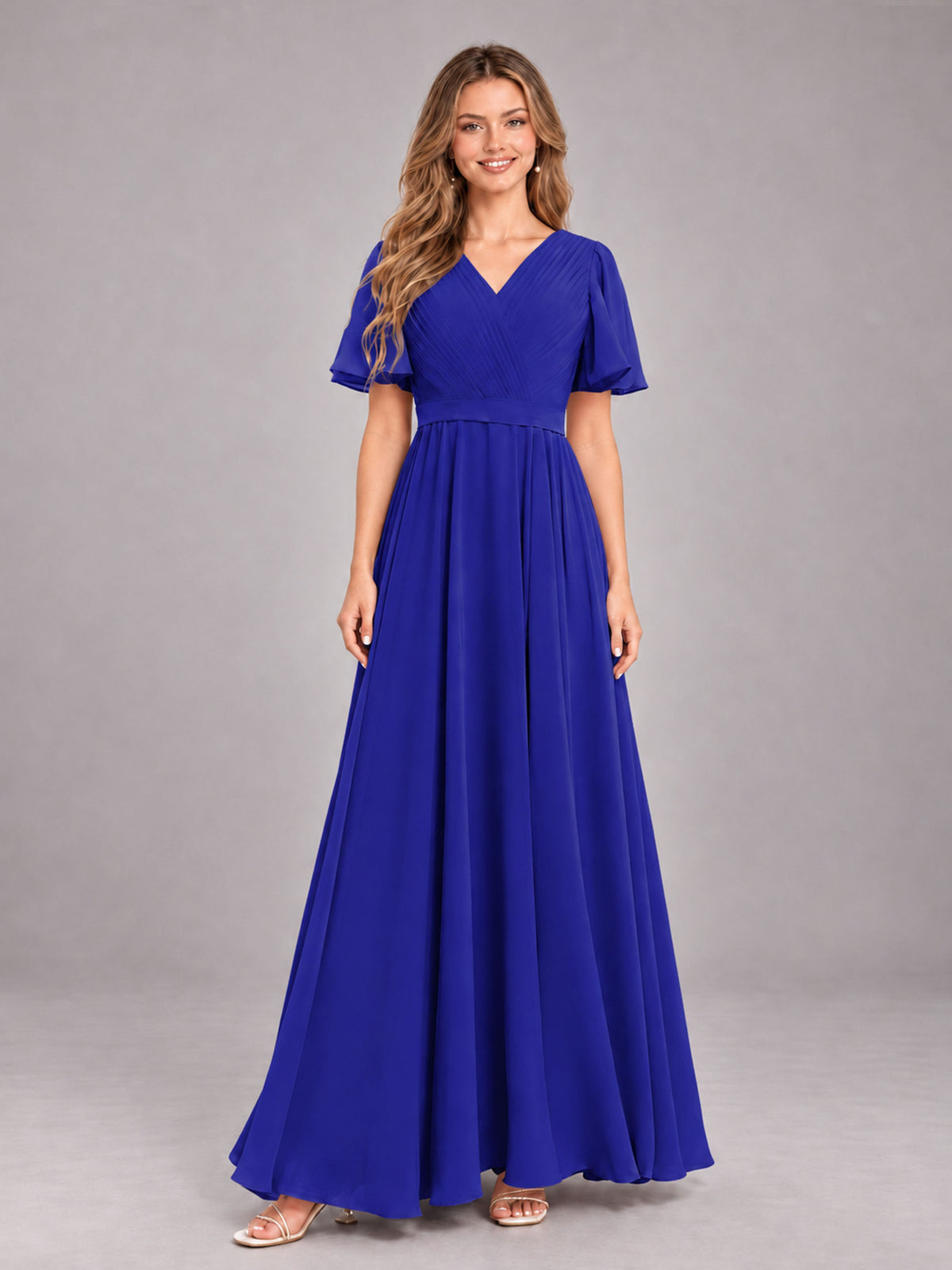 Royal Blue Trendy V-Neck Short Sleeves Chiffon Bridesmaid Dress With Pockets