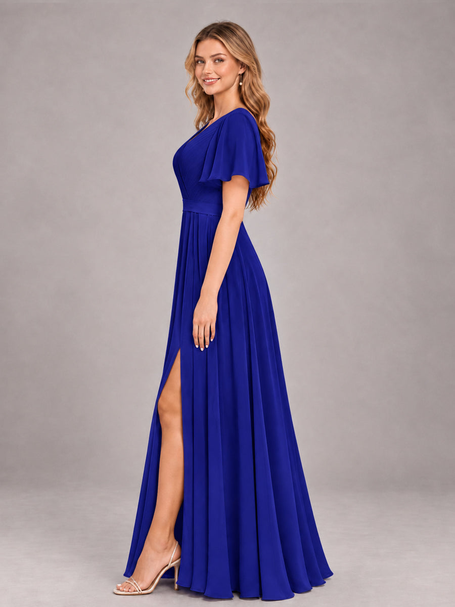 Royal Blue Trendy V-Neck Short Sleeves Chiffon Bridesmaid Dress With Pockets